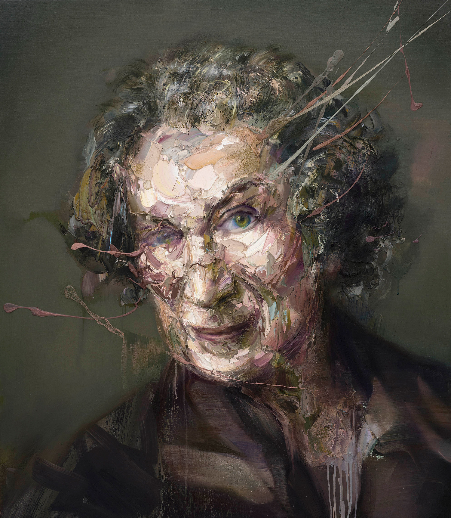 A surreal portrait by Mathieu Laca of Margaret Atwood - dystopia's clairvoyant gaze.