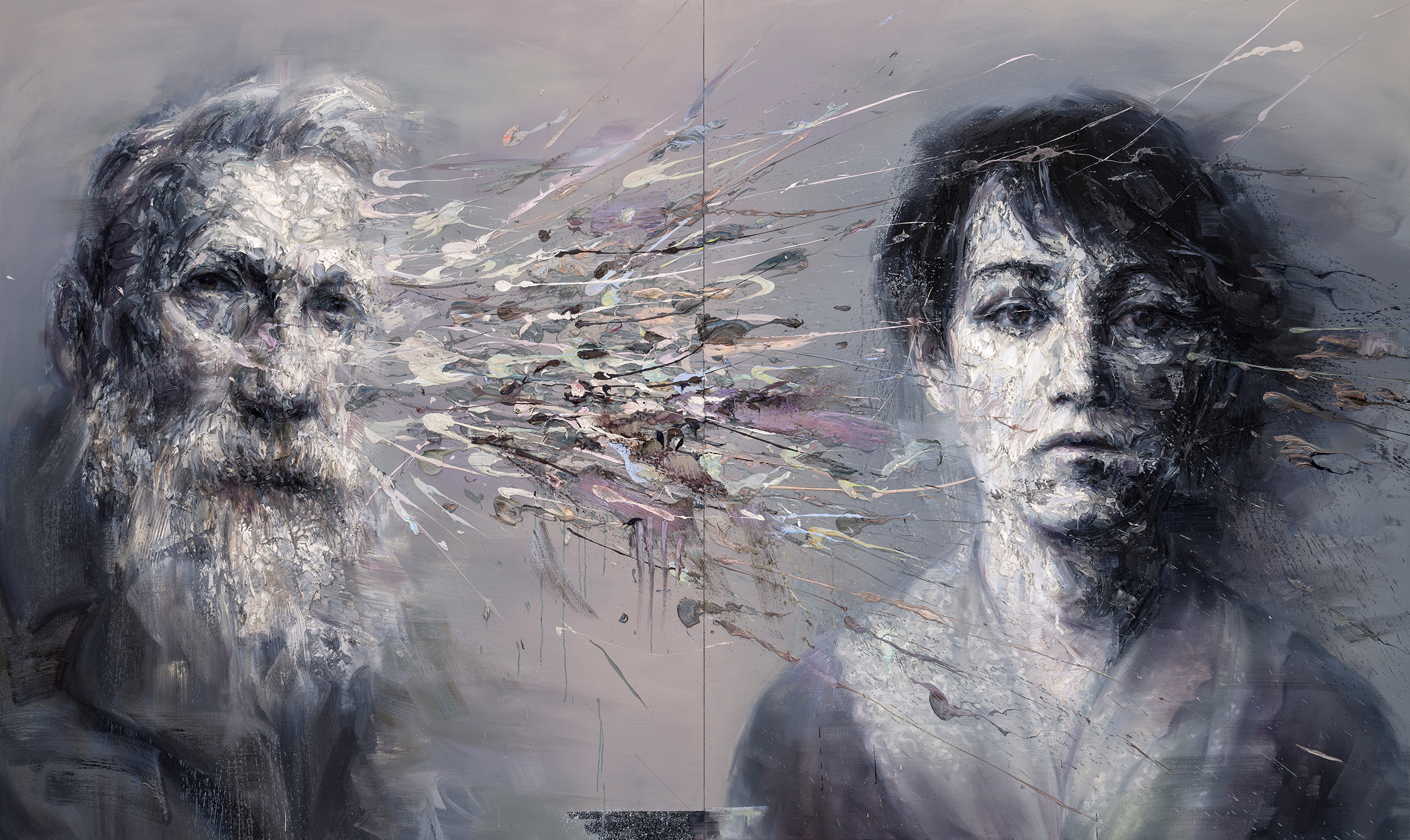 Auguste Rodin and Camille Claudel (diptych), oil on linen, 72"X120", 2019
