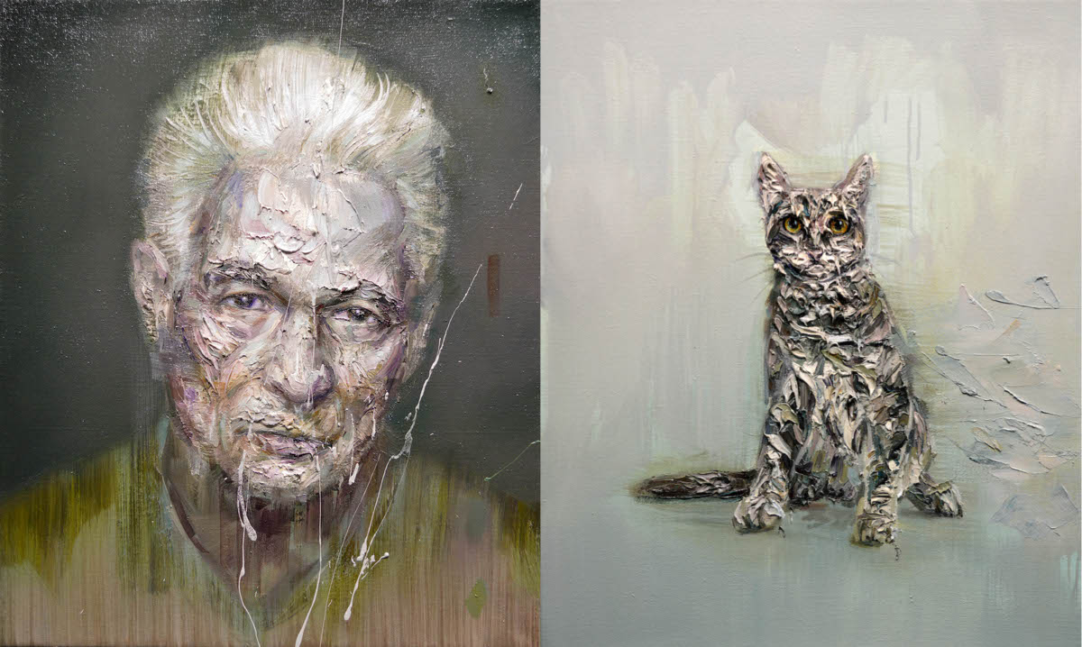 Paintings of Jacques Derrida and a fictional cat - staring at each other eternally