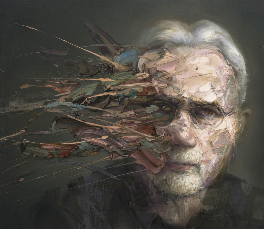 A portrait of contemporary American composer John Adams painted by artist Mathieu Laca